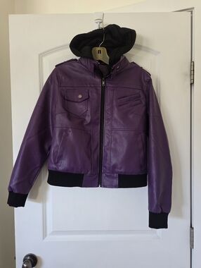 Sz S Purple Faux Leather Bomber Jacket with Hood
